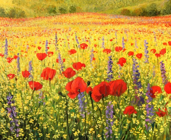 An oil painting on canvas of a colorful rural landscape with a field full of red poppies, yellow rapeseed and blue delphiniums